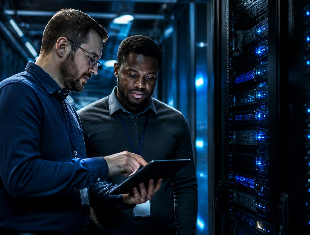 Equipe técnica da Protect Solutions analisando um rack de servidores