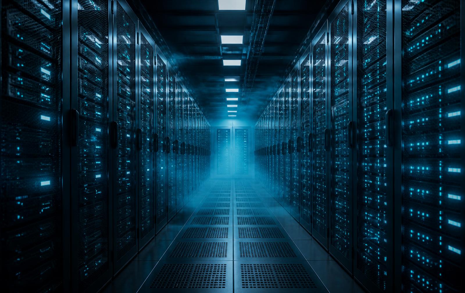 Corredor de data center com racks de servidores em operação